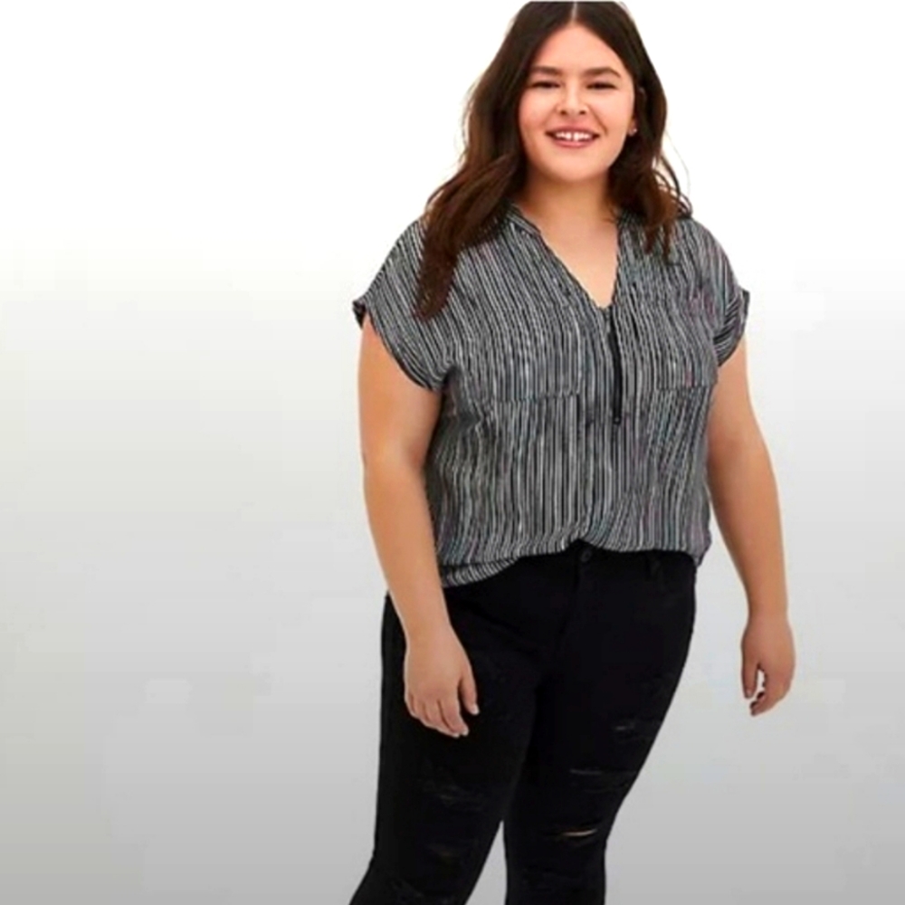 Torrid Black Ink Striped Georgette Dolman Short Seeve Blouse, 2X